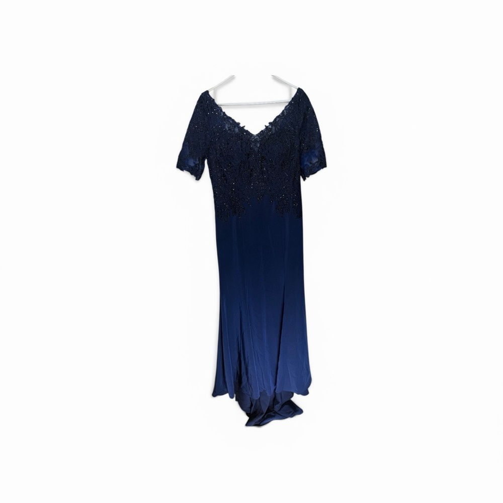 Mori Lee Navy Blue Long Sleeve Lace Bodice Mermaid Gown - Picture 4 of 6
